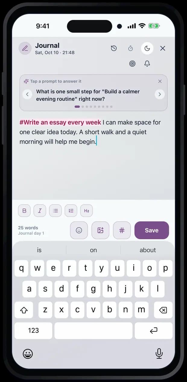 Journal with a colour-coded goal reference and the keyboard visible