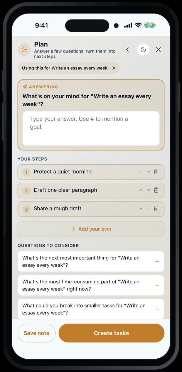 Plan with three selected next steps ready to become tasks