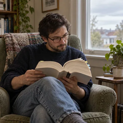 A reader in glasses holding a thick, tabbed paperback in a green armchair.