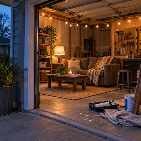A garage with a secondhand sofa and string lights, with painting supplies still on the concrete floor.