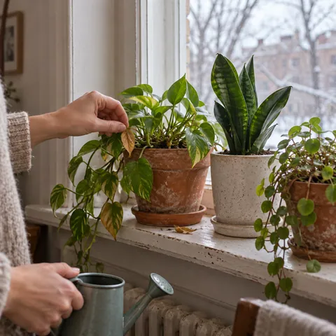 Houseplants in mismatched pots beside a winter window, with a hand removing a dry leaf.