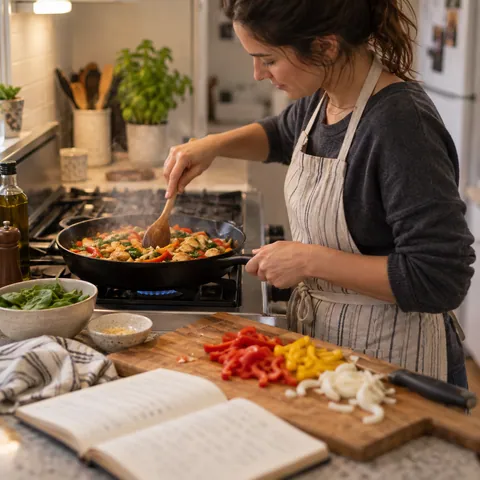 A home cook stirring vegetables in a skillet beside a chopping board and recipe notebook.