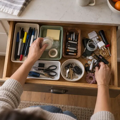 An open junk drawer partly sorted into small trays of pens, batteries, tape and keys.