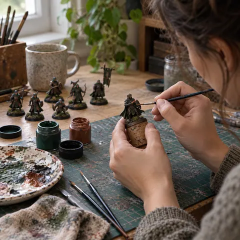 Hands painting a small miniature over a worn cutting mat, with paint pots and finished figures nearby.