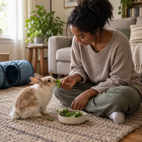 A person sitting on a rug and offering a leaf to a pet rabbit beside a cloth tunnel.